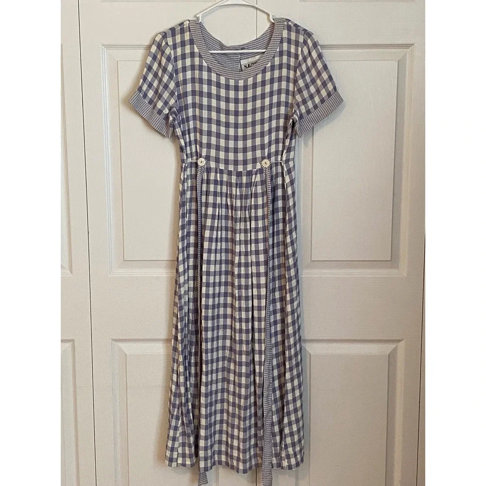 Vintage SL Fashions Gingham Maxi Dress Blue White Cottagecore Button Back Size 6